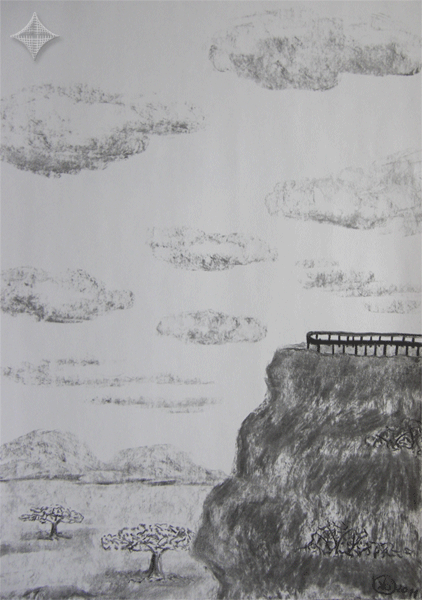 Aussichtspunkt, Kohlezeichnung, 30 x 42 cm