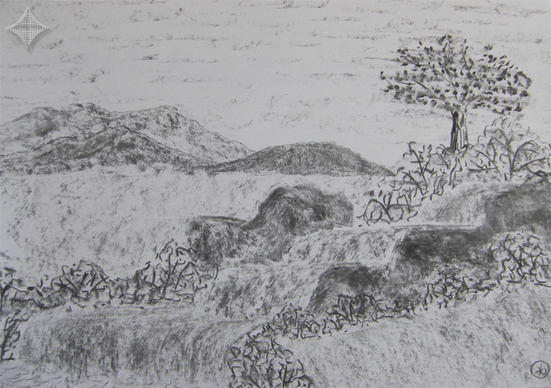 Kleiner Wasserfall, Kohlezeichnung, 42 x 30 cm