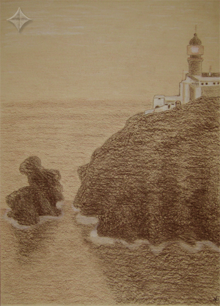 Vorlage war eine Postkarte, Leuchtturm, Cont�kreide auf Pastellpappe, 35 x 50 cm