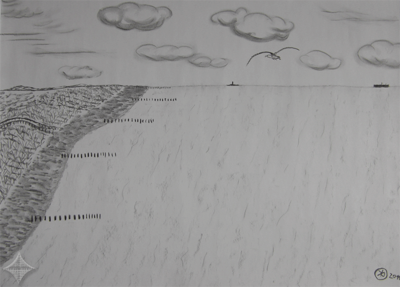 Vogelperspektive, Kohlezeichnung, 42 x 30 cm